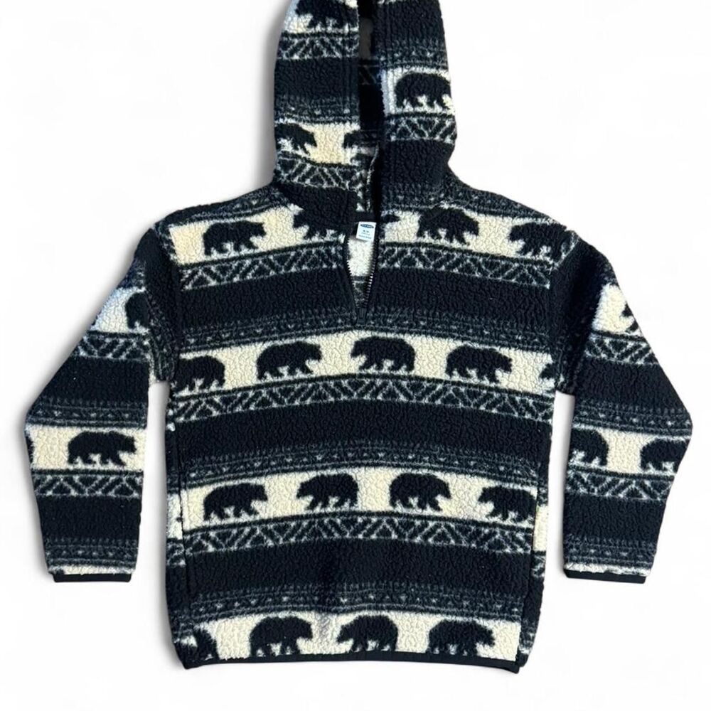 Old Navy kids‎ black and white bear print Sherpa hoodie size medium (8)